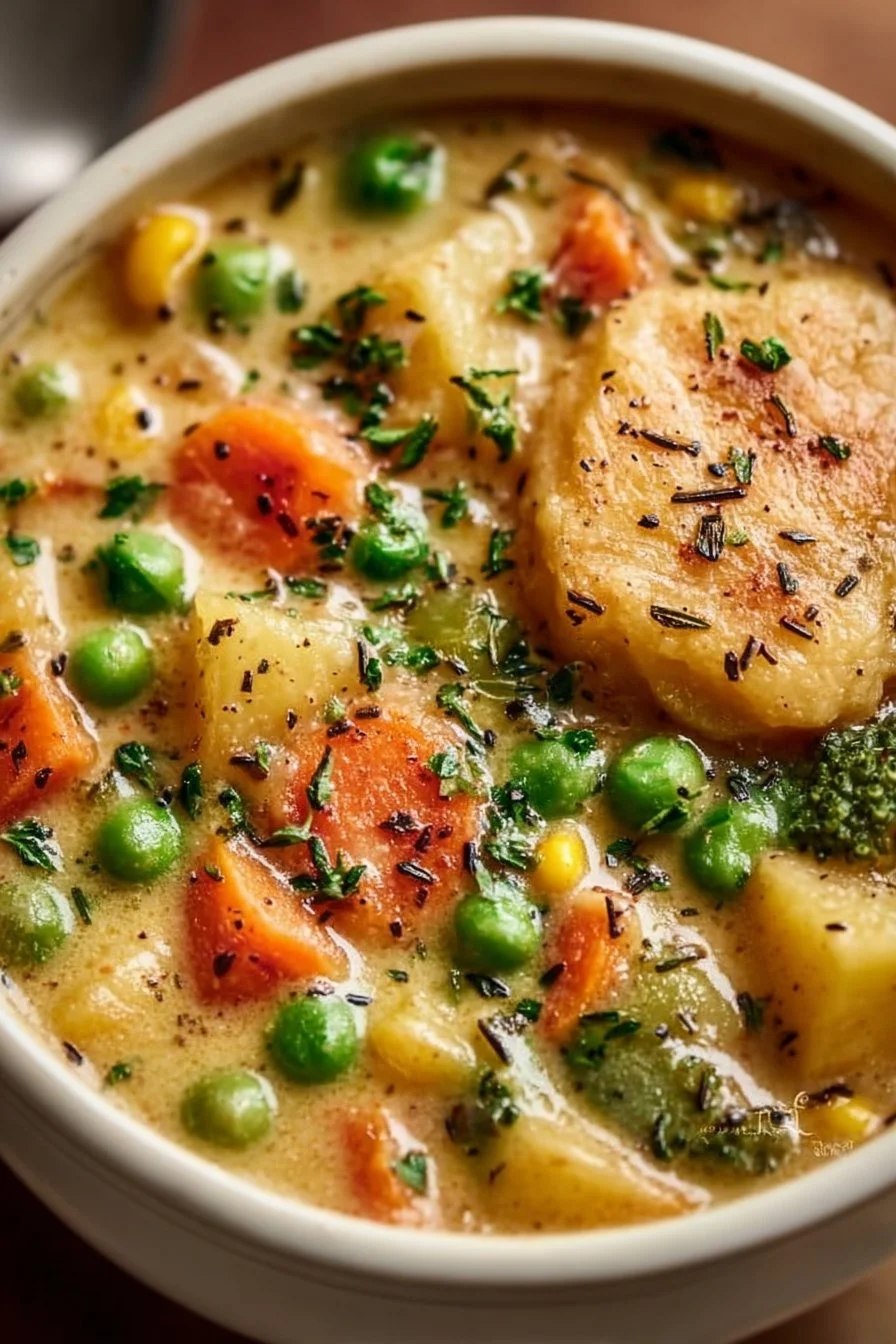 Bowl of Veggie Pot Pie Soup filled with colorful vegetables and herbs