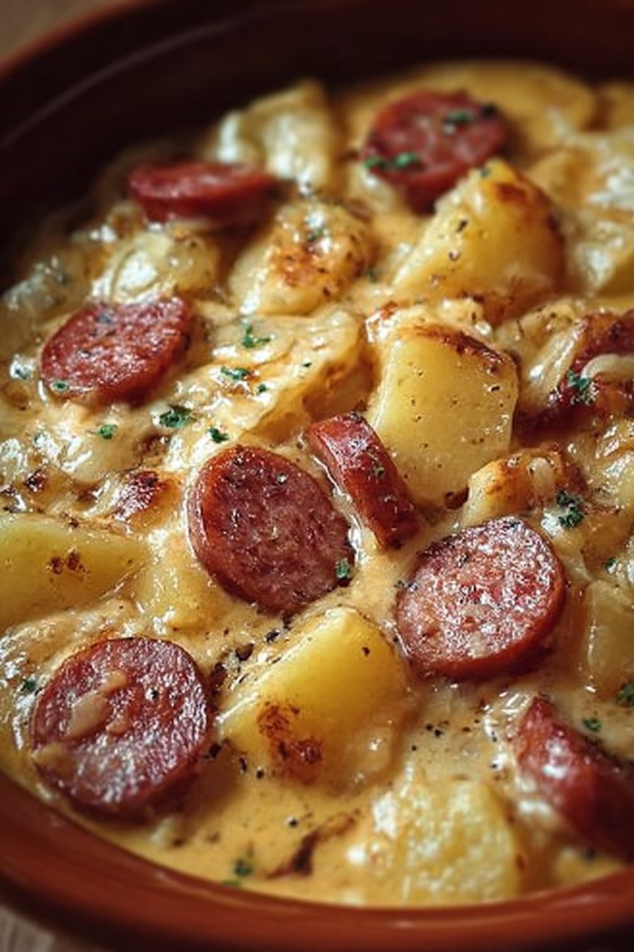 Crockpot Cheesy Potatoes and Kielbasa