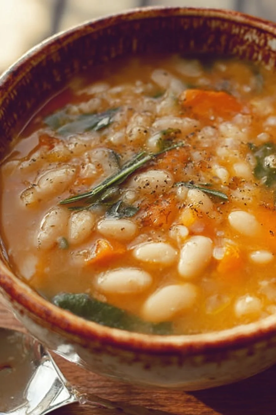 Bowl of homemade white bean soup garnished with herbs and spices