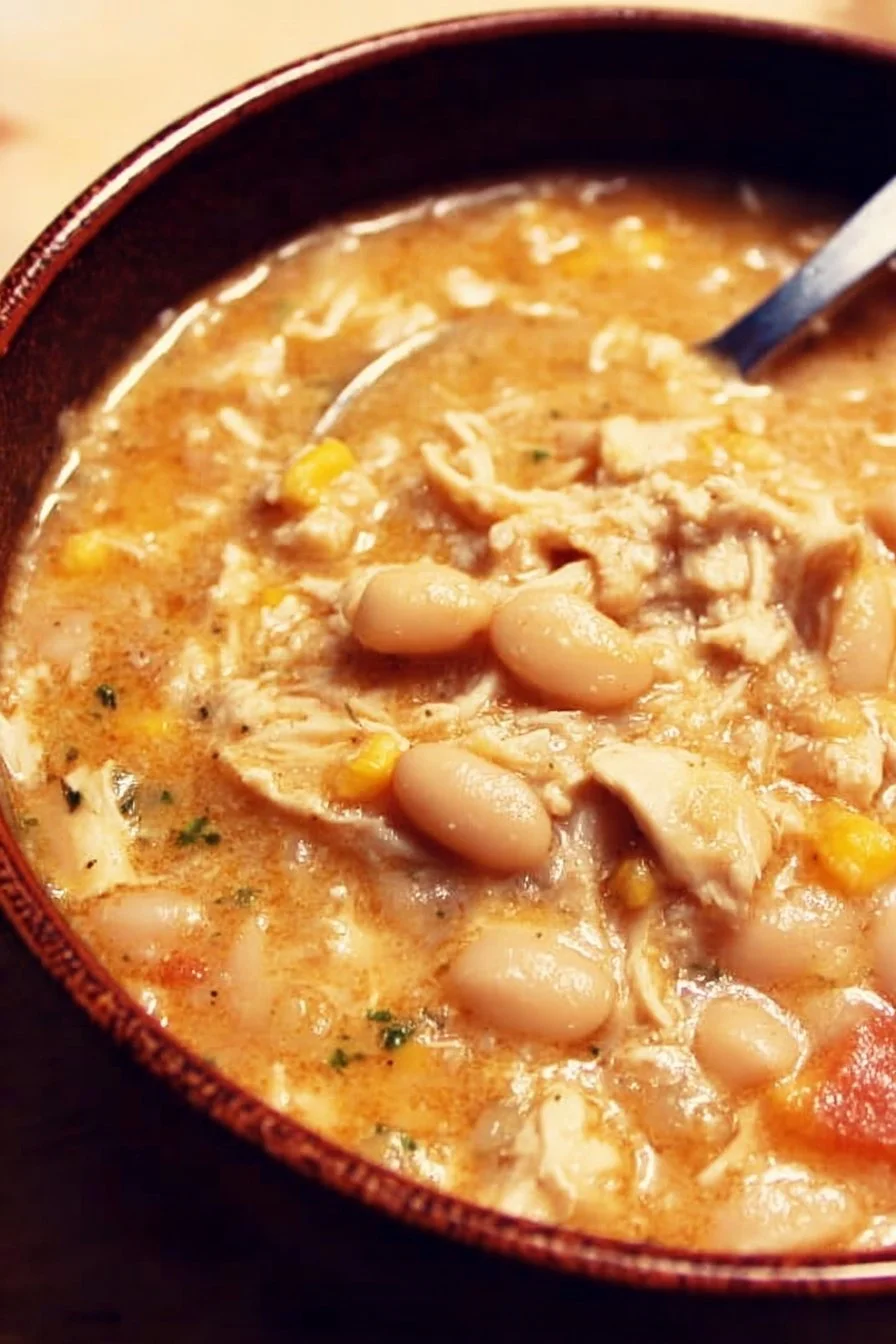 Bowl of hearty white chicken chili topped with cilantro and cheese.