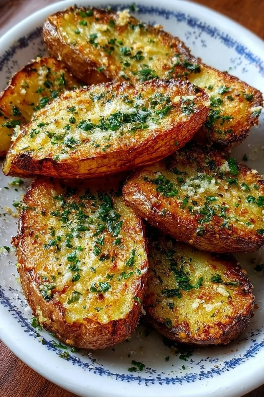Crispy Air Fryer Baked Garlic Parmesan Potatoes served in a bowl