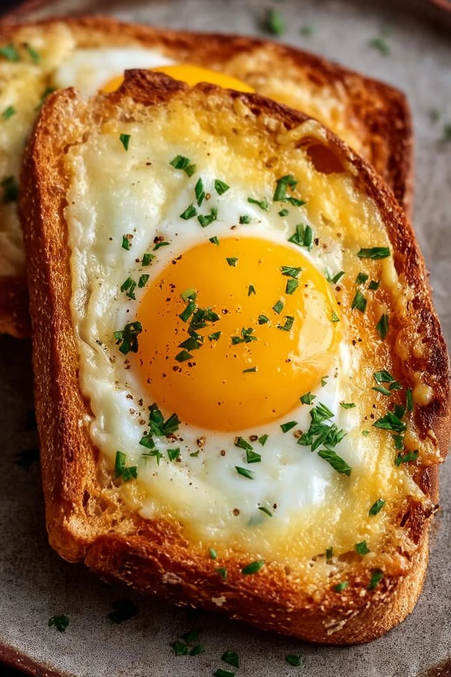 Air fryer egg and cheese toast topped with melted cheese and a perfectly cooked egg