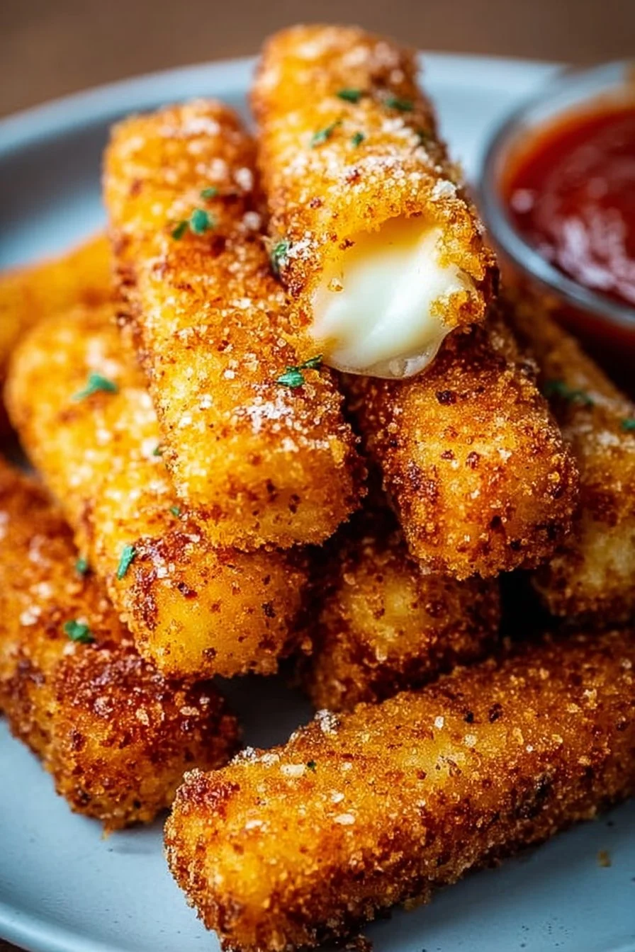 Crispy air fryer mozzarella sticks ready to serve