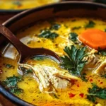 Bowl of anti-inflammatory turmeric chicken soup with fresh ingredients