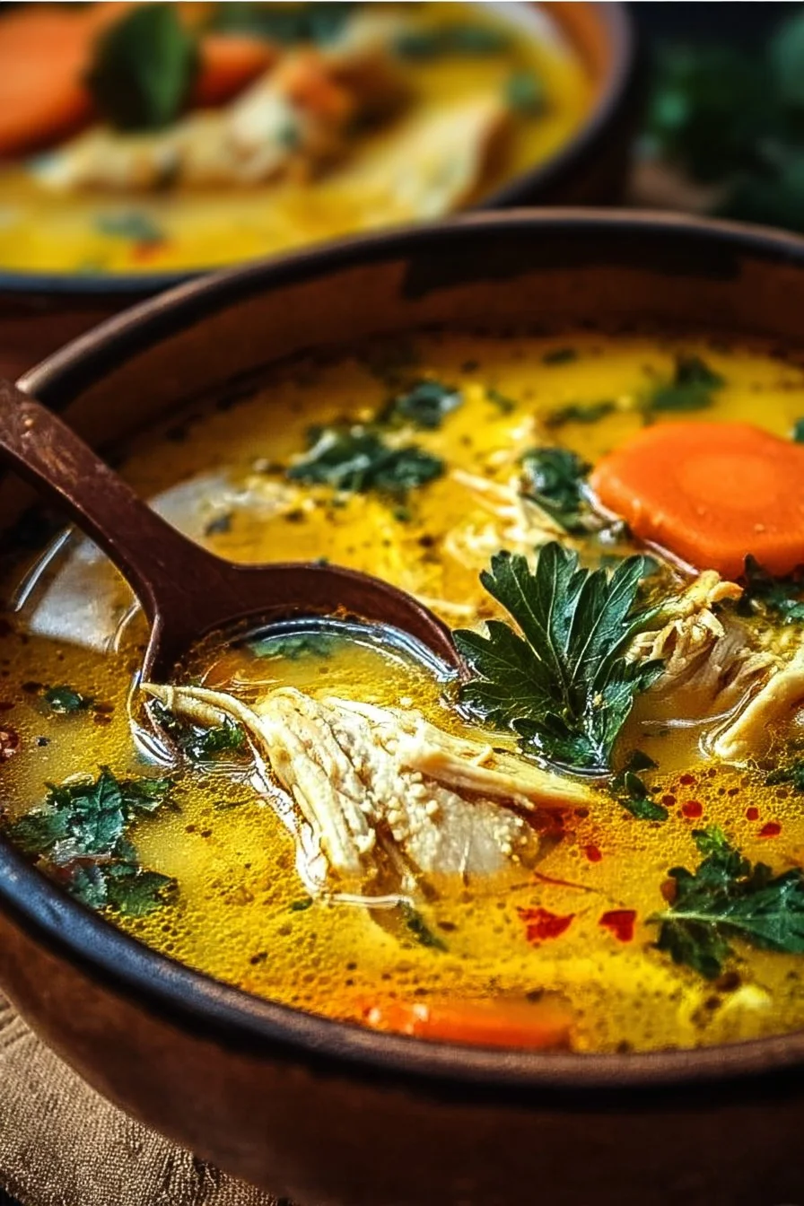 Bowl of anti-inflammatory turmeric chicken soup with fresh ingredients