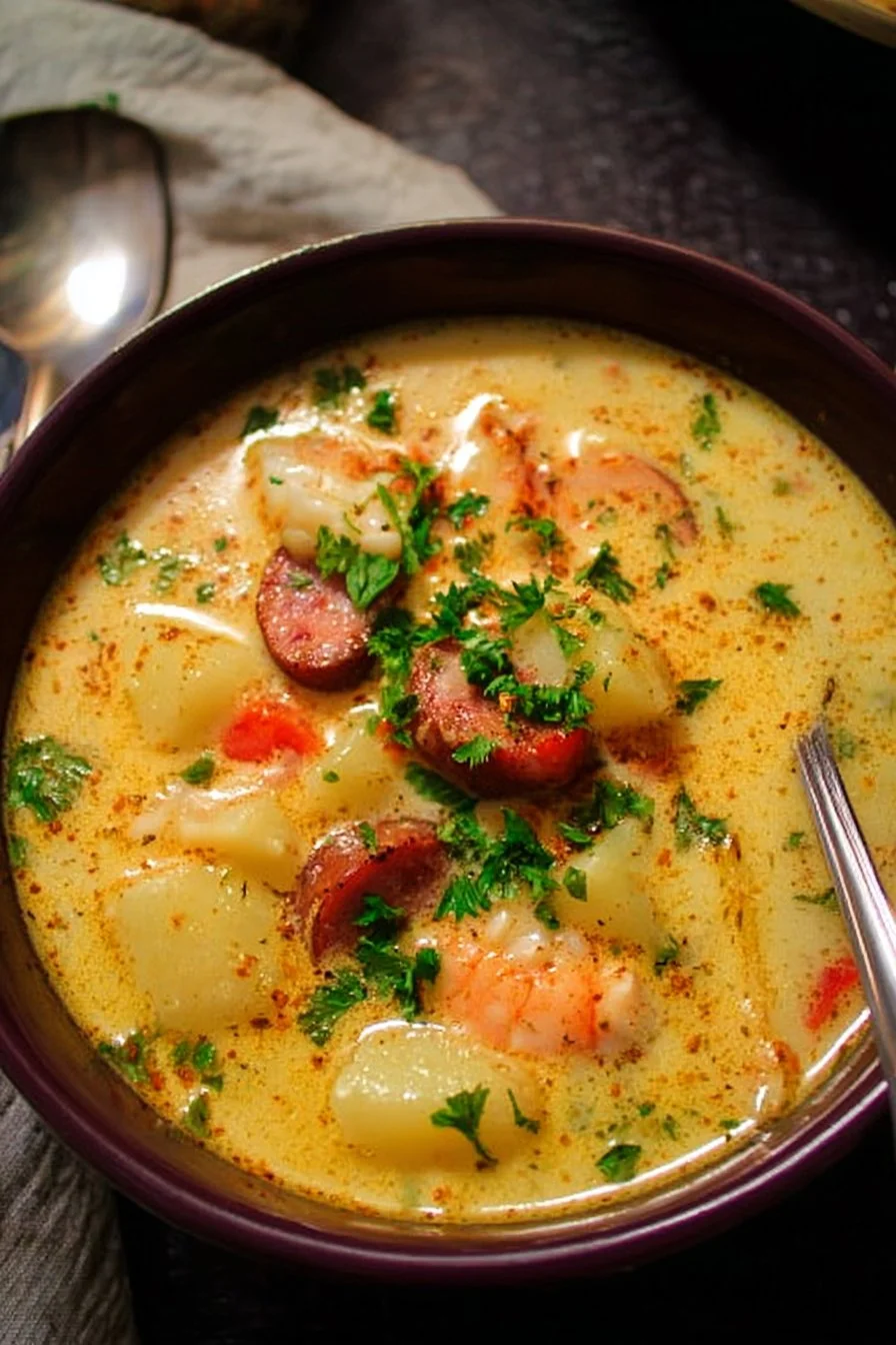Bowl of delicious Cajun Potato Soup garnished with herbs and spices