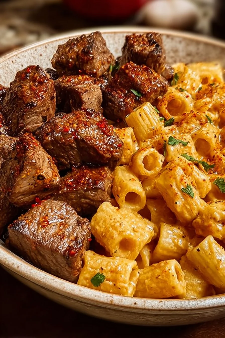 Cajun Steak Tips with Cheesy Rigatoni