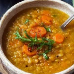 Healthy carrot lentil soup served in a bowl with fresh herbs