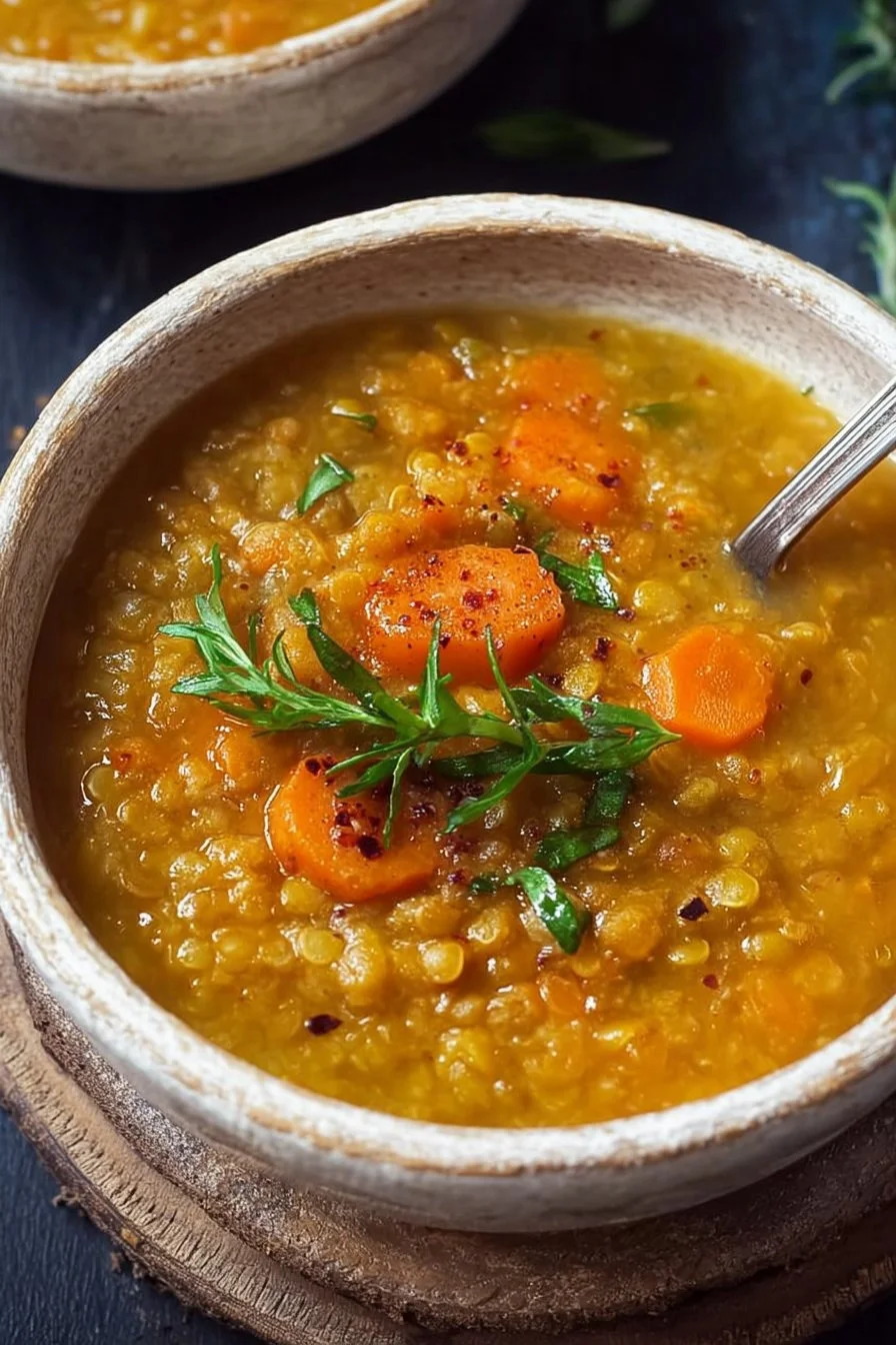 Healthy carrot lentil soup served in a bowl with fresh herbs