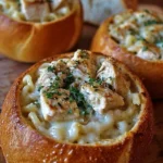 Chicken Alfredo Garlic Bread Bowls filled with creamy chicken alfredo sauce
