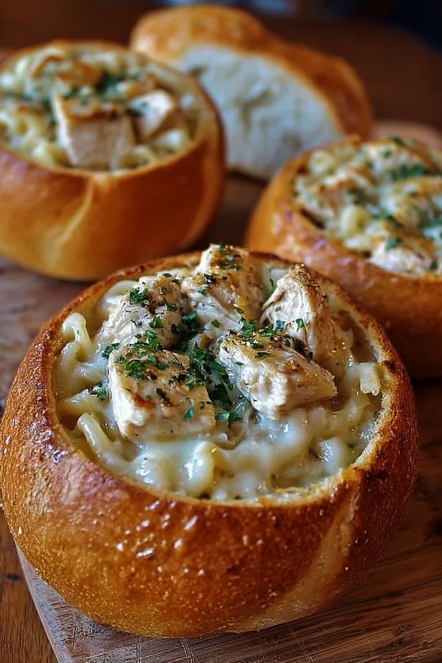 Chicken Alfredo Garlic Bread Bowls filled with creamy chicken alfredo sauce