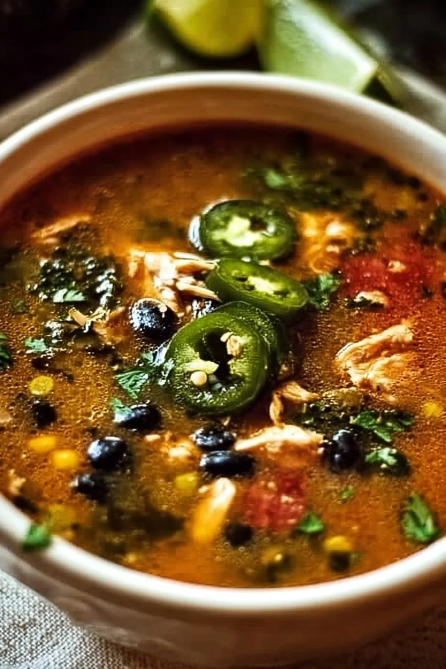 Bowl of Chicken Poblano and Black Bean Soup with fresh ingredients