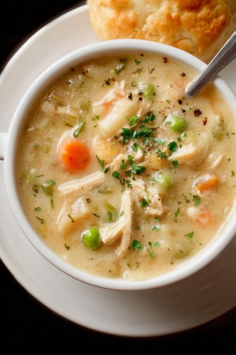 A hearty bowl of Chicken Pot Pie Soup with vegetables and chicken.