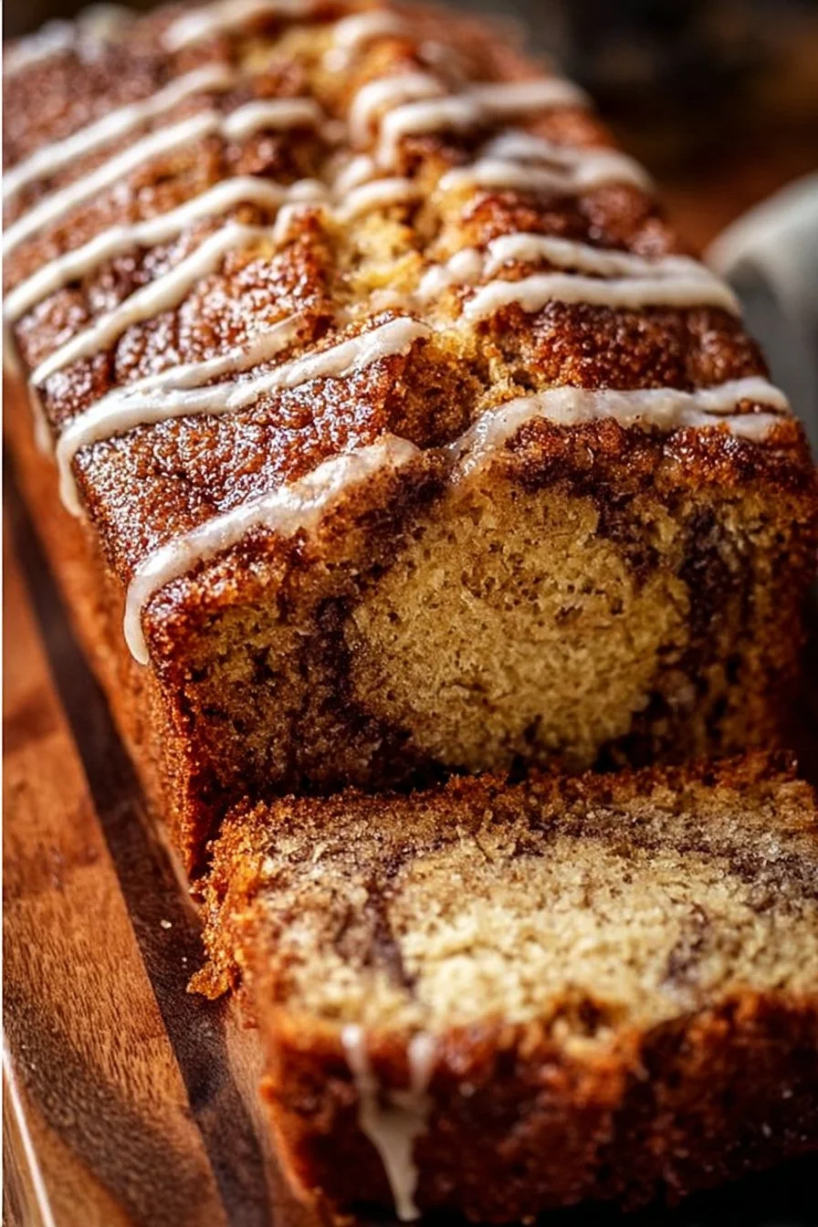 Freshly baked Cinnamon Swirl Banana Bread with a golden crust and cinnamon swirl