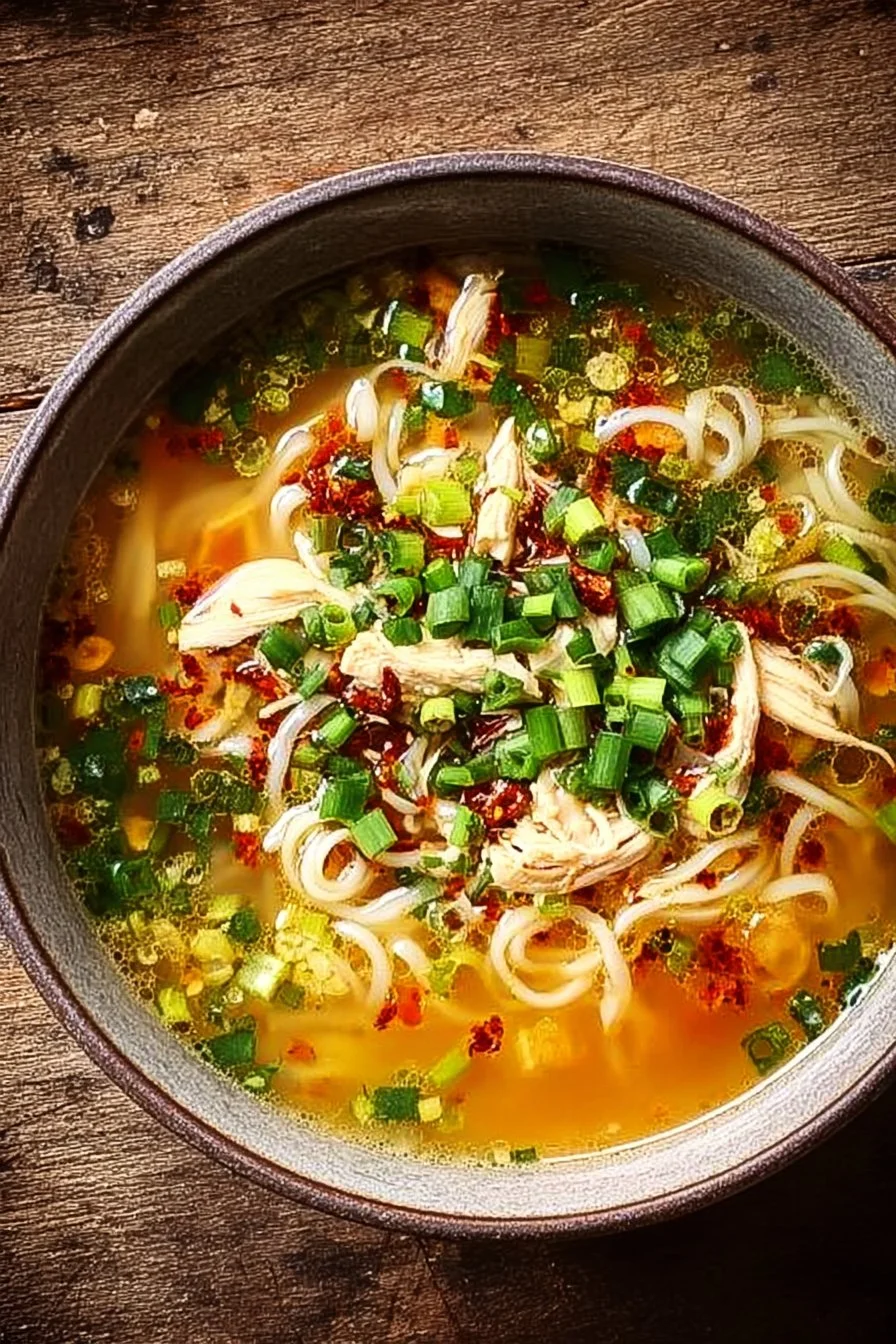 Bowl of classic ginger garlic chicken noodle soup with fresh herbs