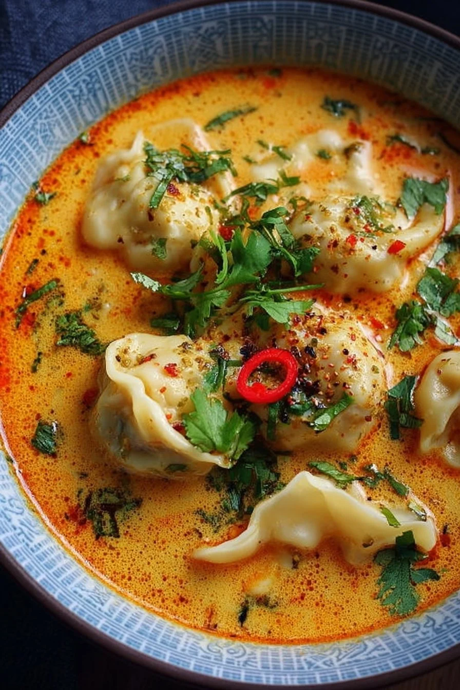 Bowl of coconut curry soup with delicious dumplings and fresh herbs