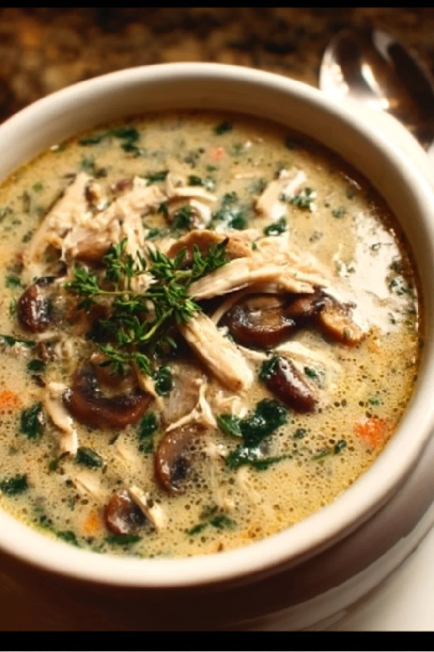 Bowl of comforting rotisserie chicken soup with mushrooms and herbs