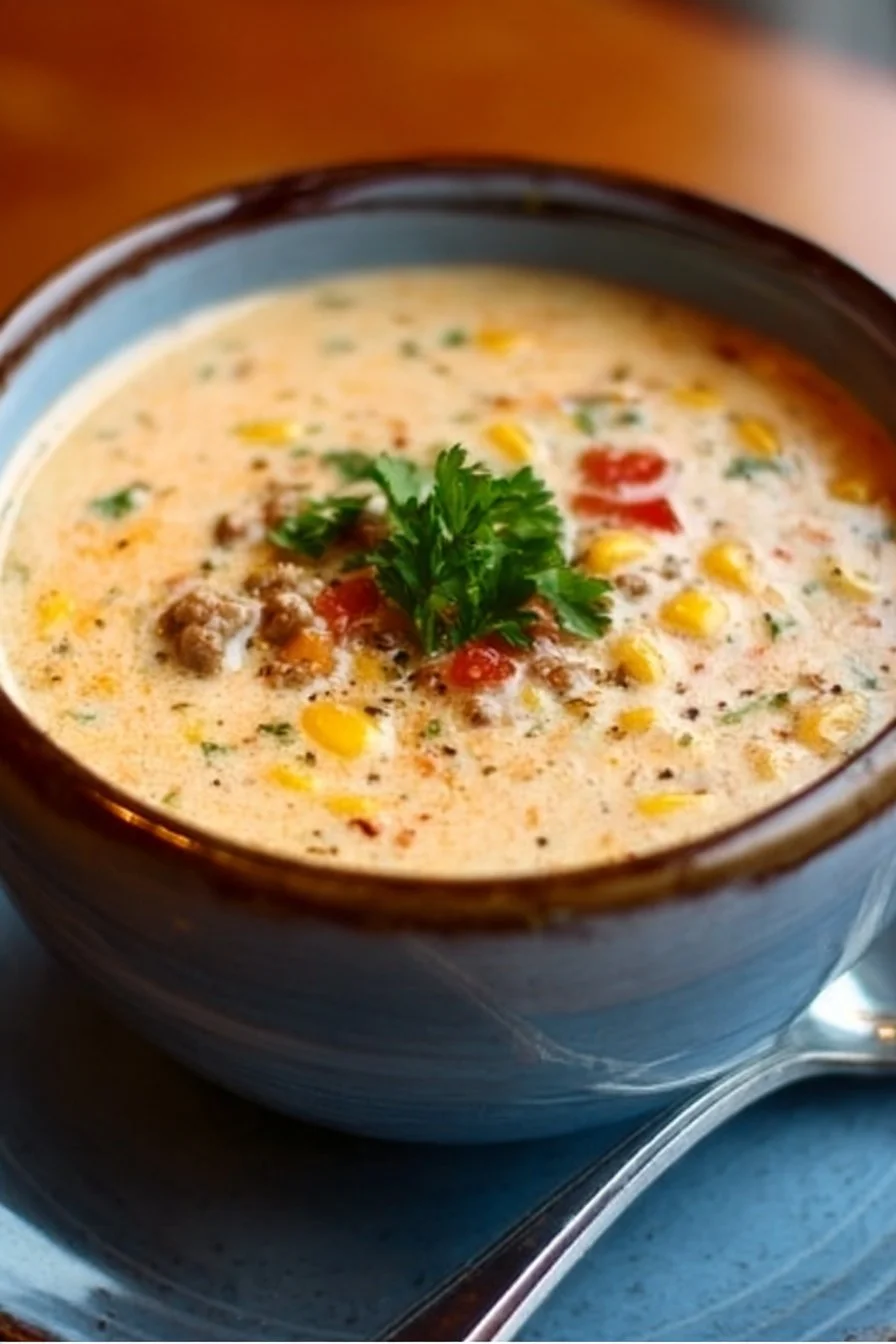 Delicious creamy Cowboy Soup in a rustic bowl garnished with herbs.