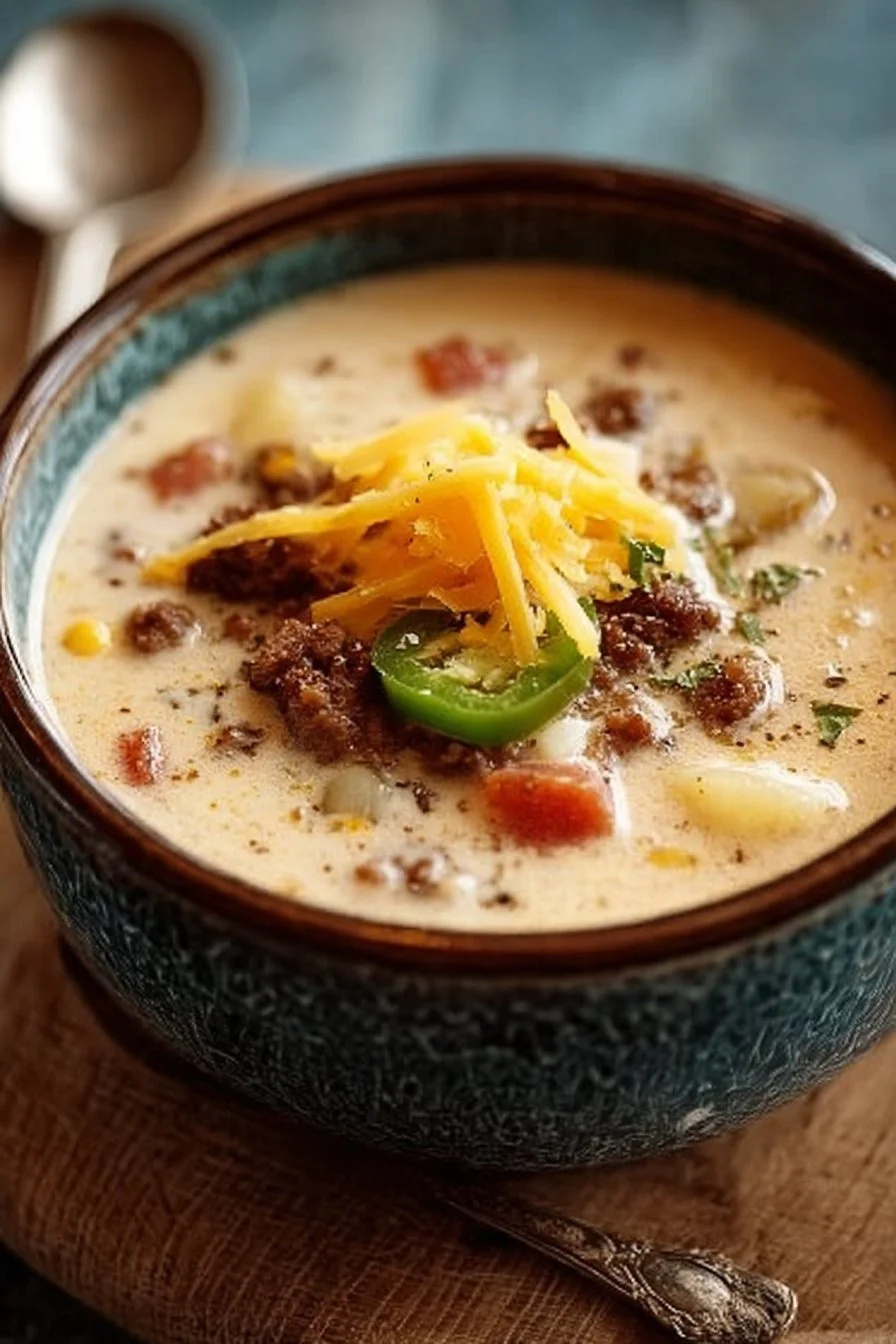 Bowl of creamy Cowboy Soup garnished with fresh parsley and served with bread.