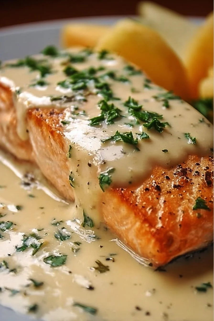 A plate of creamy garlic salmon garnished with herbs and served with vegetables