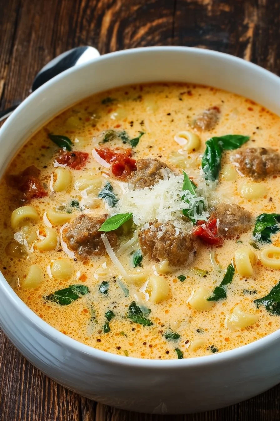 Creamy Parmesan Ditalini soup with Italian sausage in a bowl