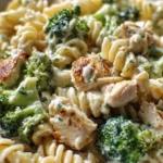 Creamy rotisserie chicken broccoli pasta dish served in a bowl.