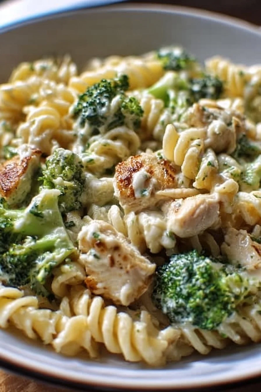 Creamy rotisserie chicken broccoli pasta dish served in a bowl.