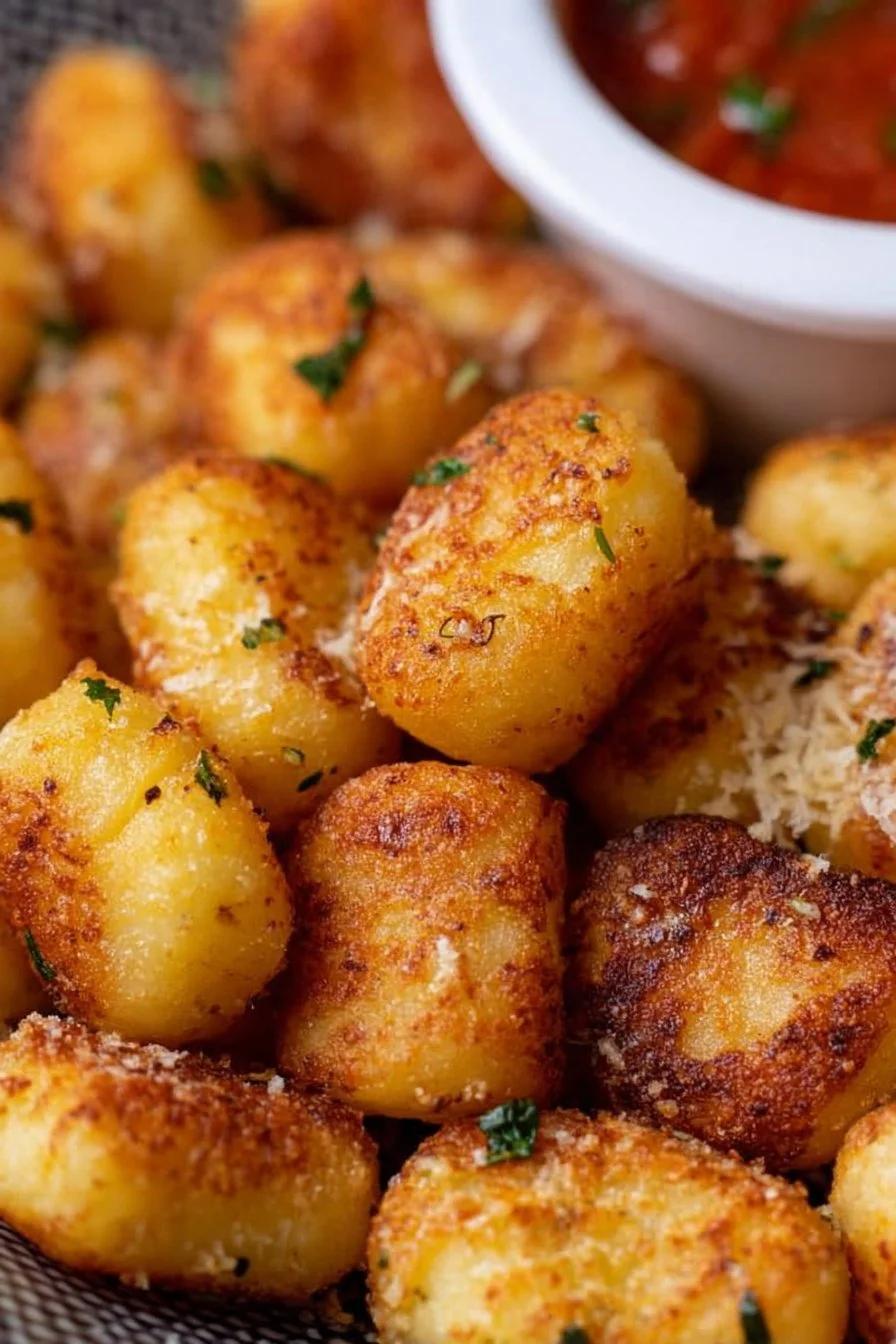 Crispy air fryer gnocchi served in a bowl with herbs and sauce