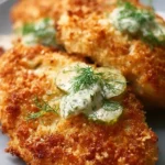Crispy Dill Pickle Parmesan Chicken served with a side of dipping sauce.