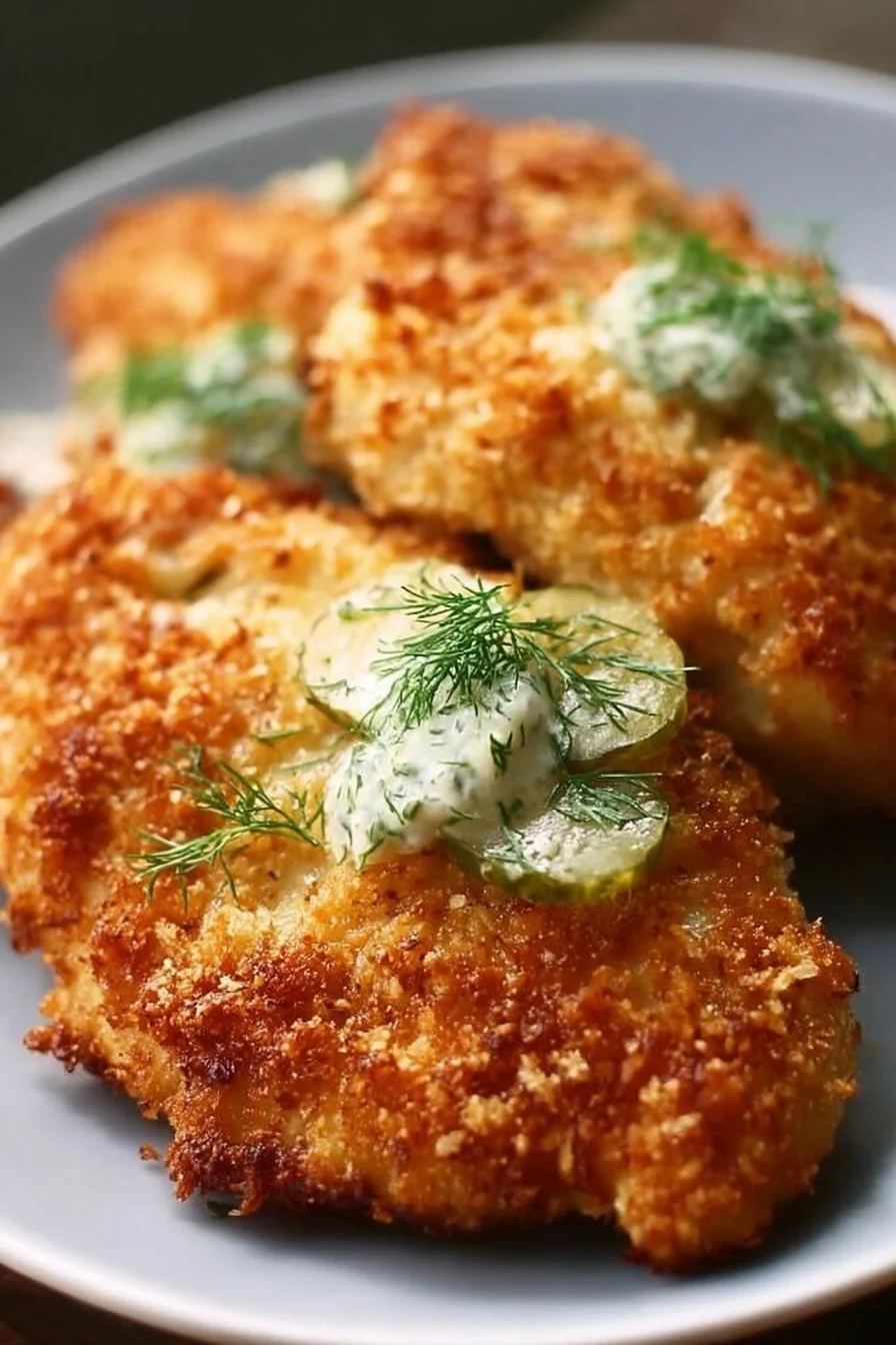 Crispy Dill Pickle Parmesan Chicken served with a side of dipping sauce.