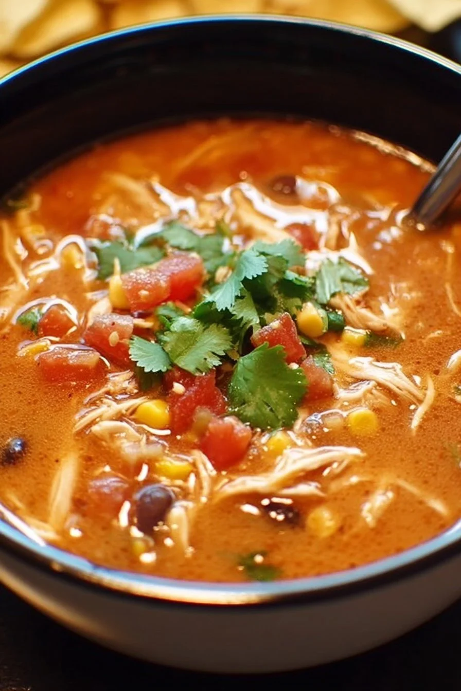 Bowl of Crockpot Chicken Tortilla Soup topped with crispy tortilla strips