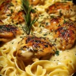 Plate of easy one-pan chicken with buttered noodles garnished with parsley