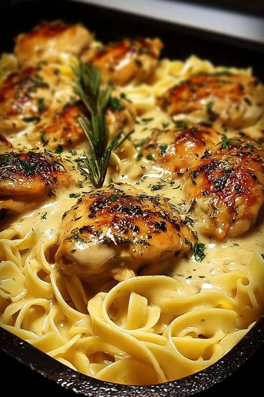 Plate of easy one-pan chicken with buttered noodles garnished with parsley