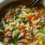 A bowl of delicious Egg Roll Soup with colorful vegetables and herbs.