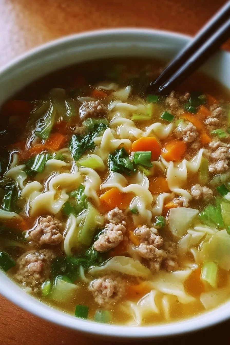A bowl of delicious Egg Roll Soup with colorful vegetables and herbs.
