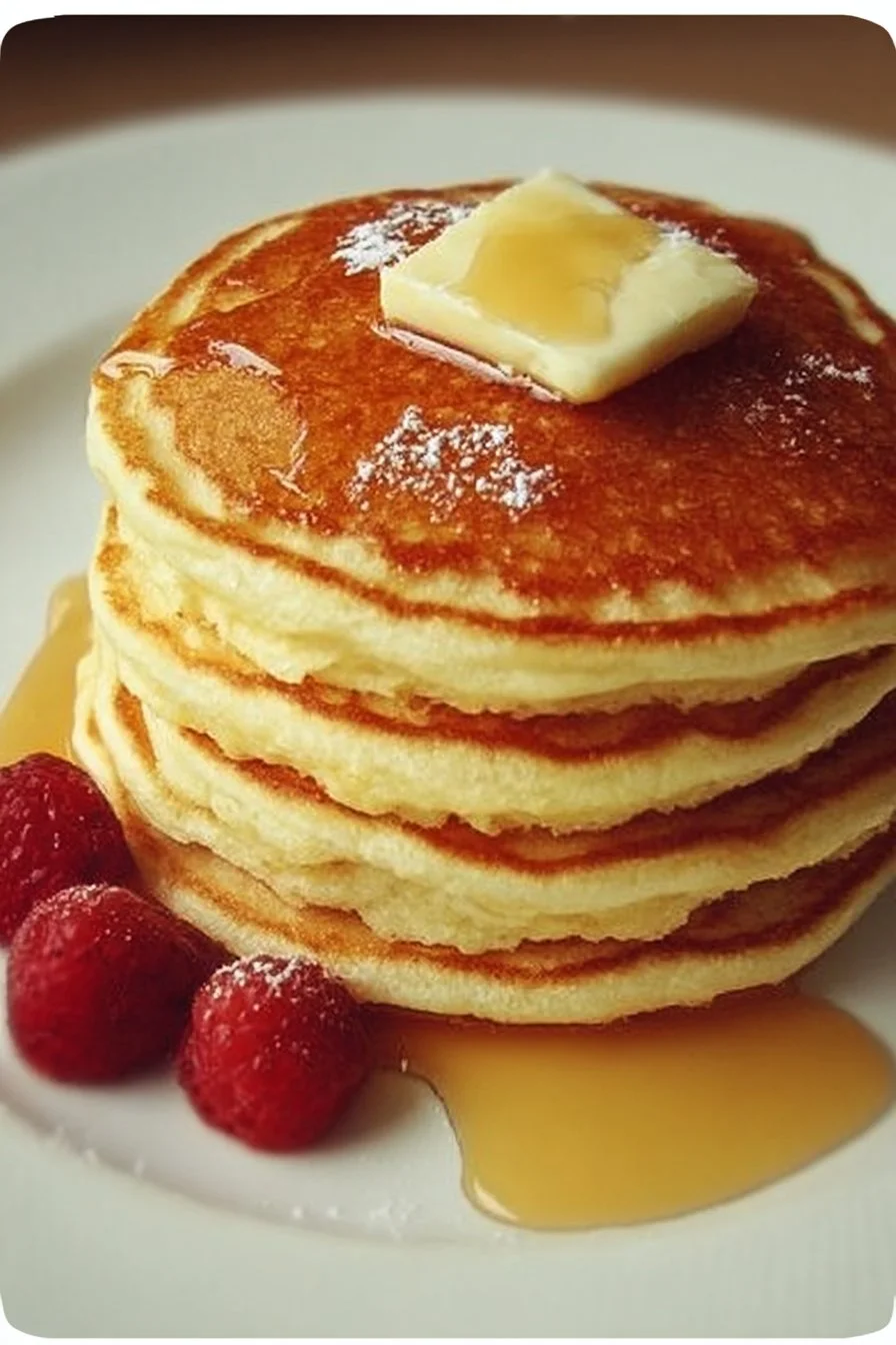 Delicious stack of fluffy pancakes topped with syrup and berries