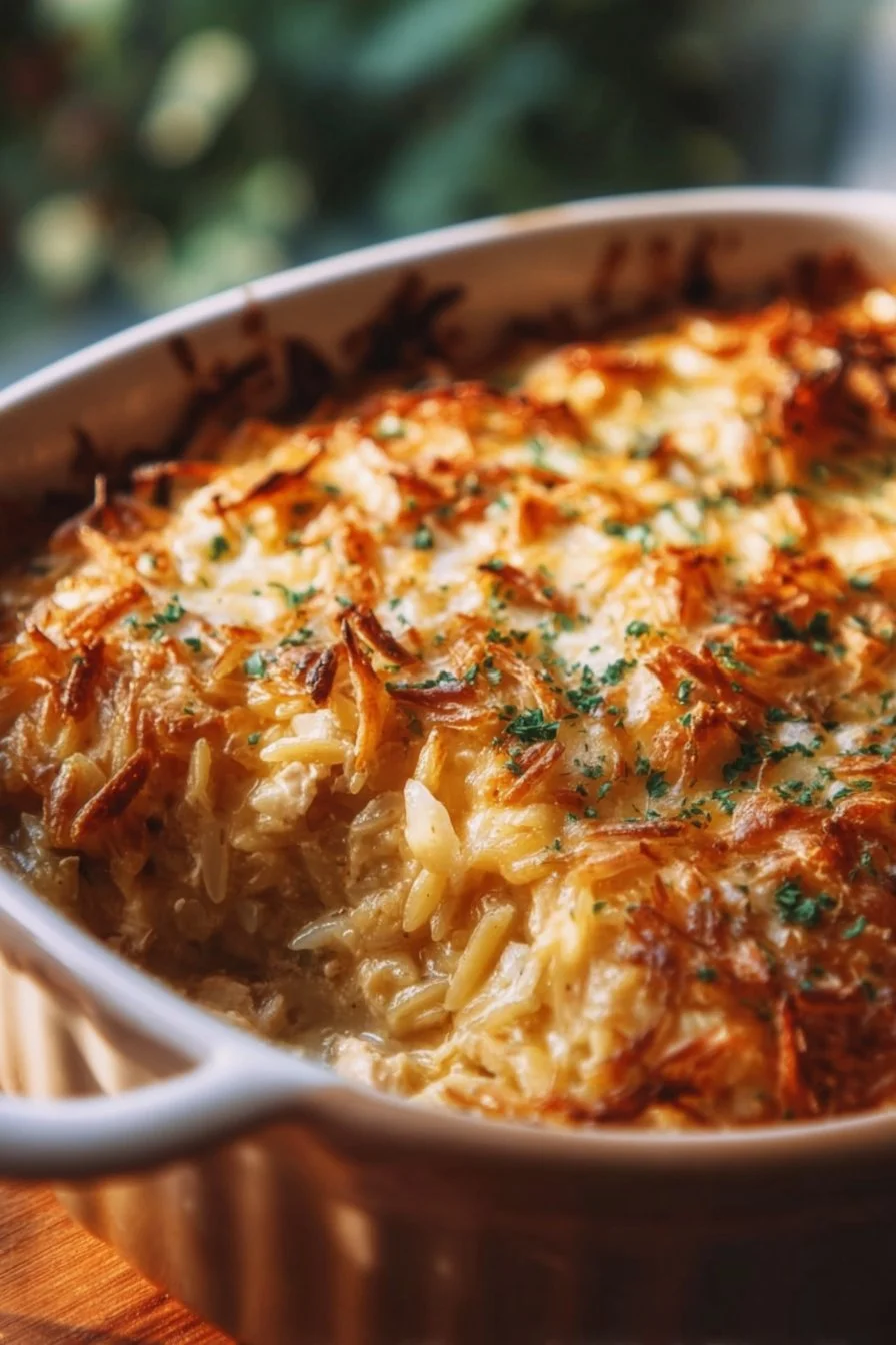 French Onion Chicken Orzo Casserole topped with melted cheese in a baking dish