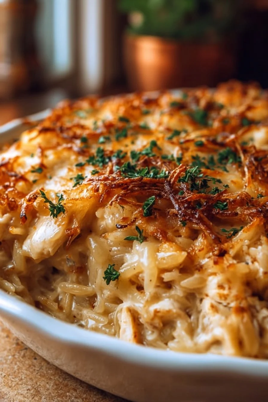 French Onion Chicken Orzo Casserole