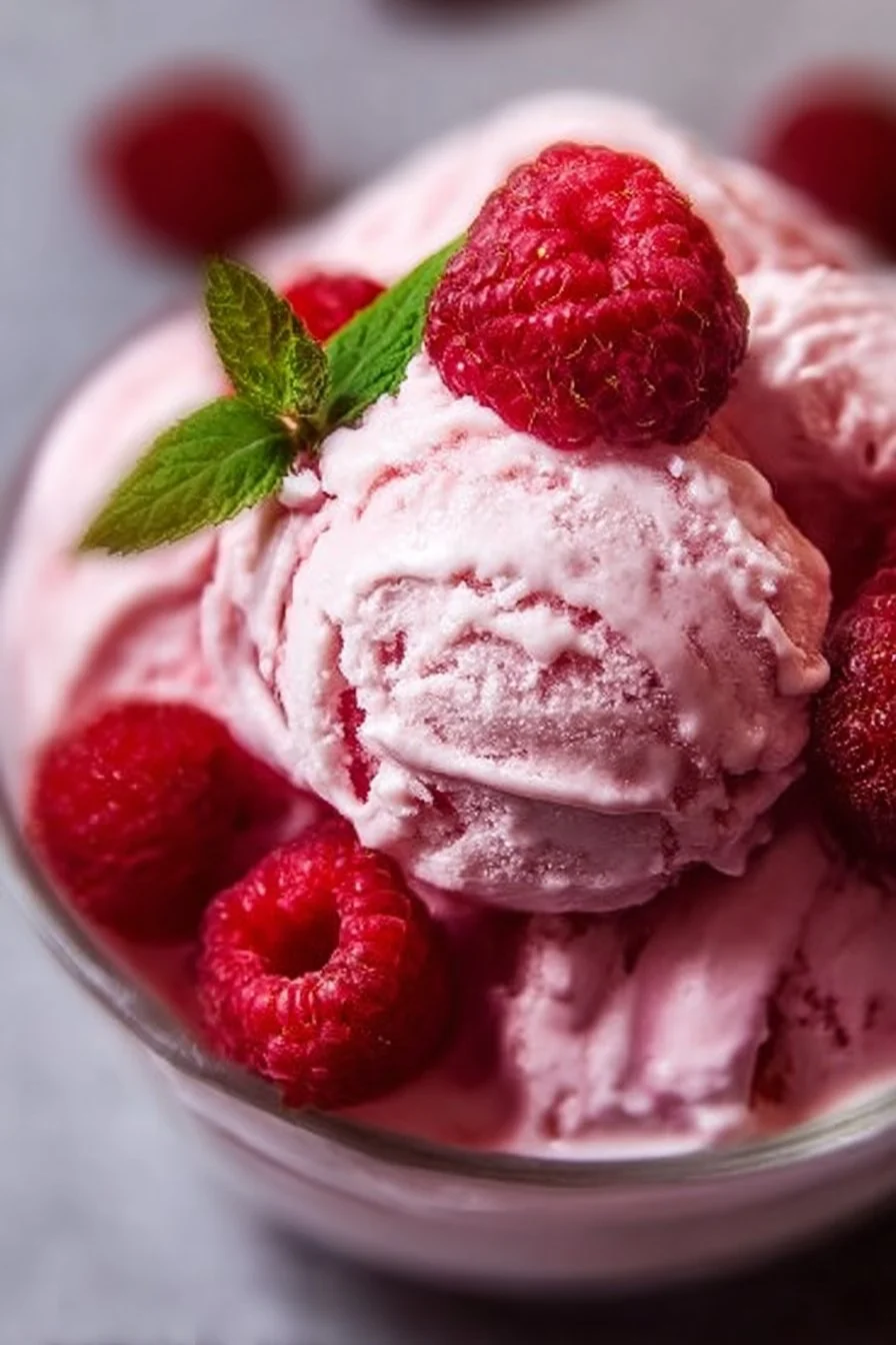 Delicious fruity raspberry frozen Greek yogurt served with fresh raspberries