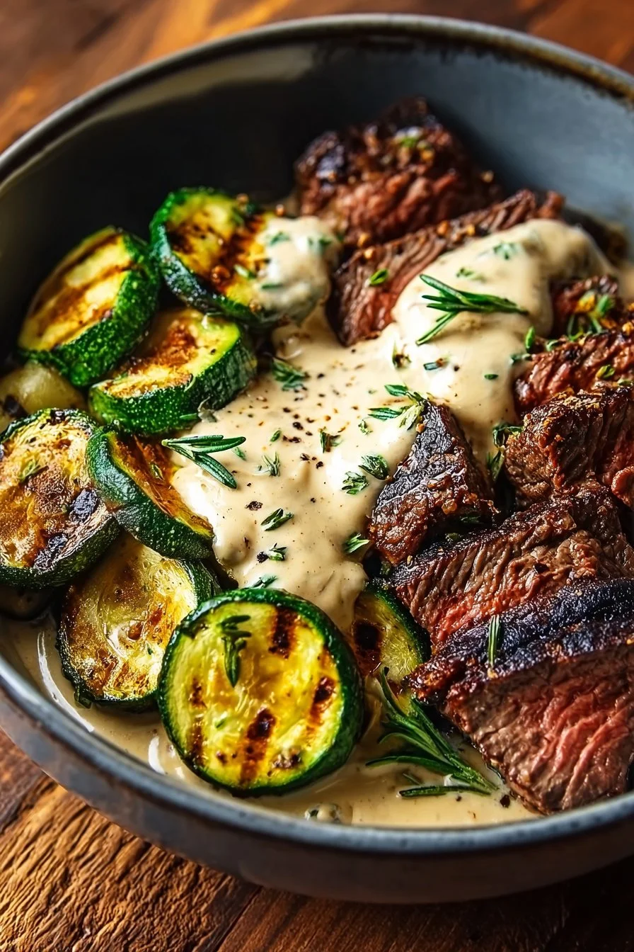Grilled Steak Bowl with Creamy Sauce & Grilled Zucchini