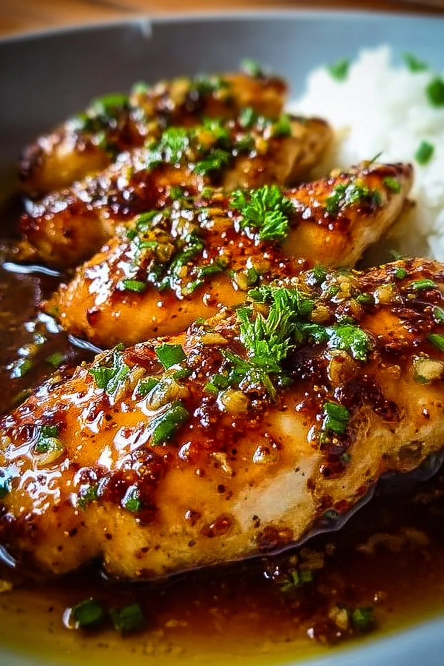 Delicious Honey Garlic Chicken Breasts served on a plate with garnishes