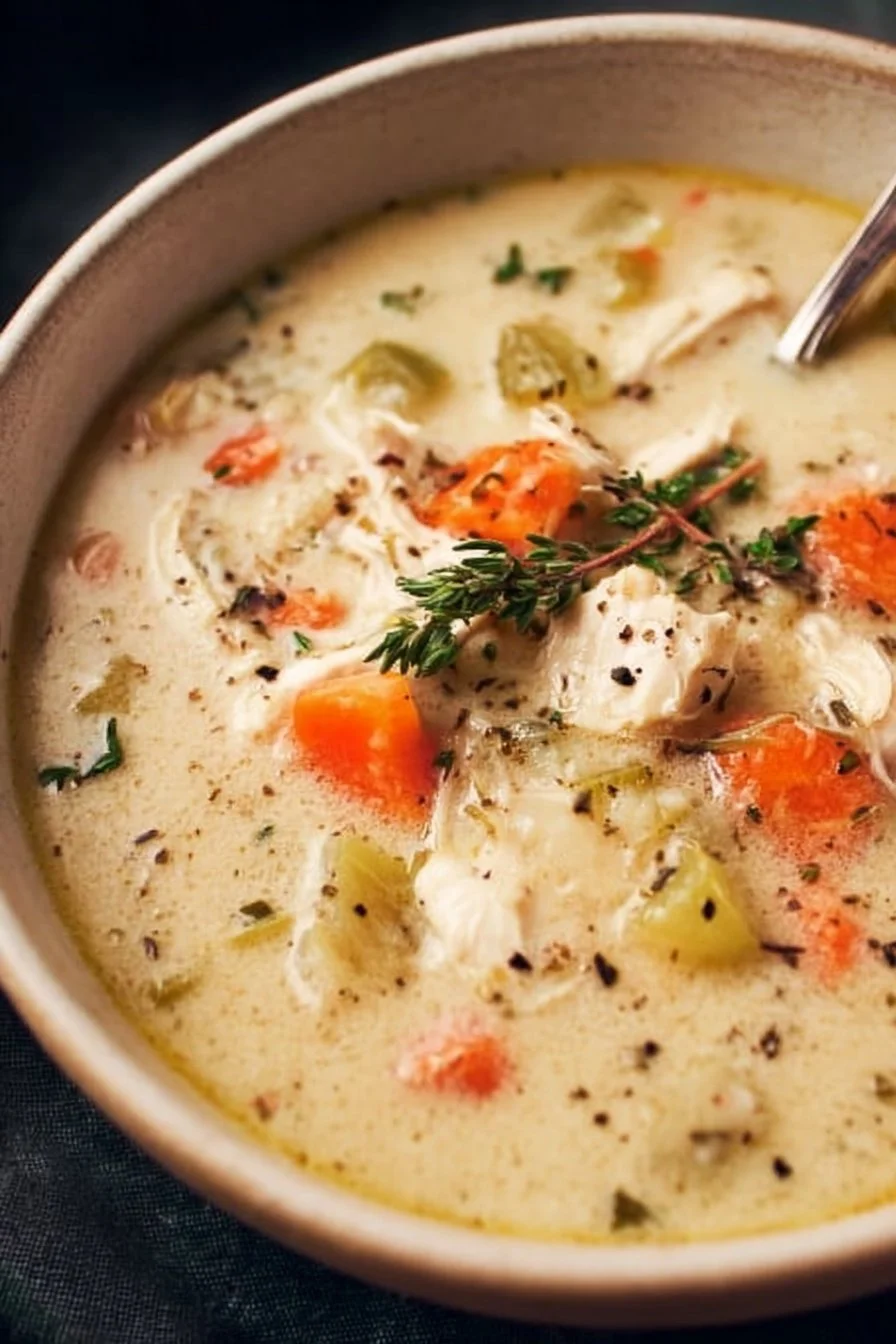 Bowl of Instant Pot Chicken Pot Pie Soup garnished with fresh herbs