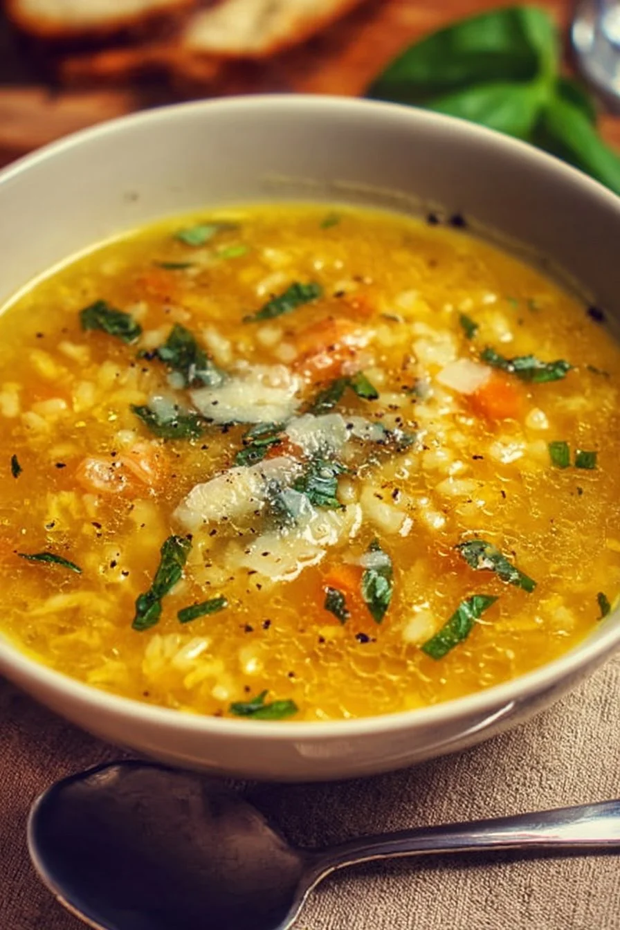 Bowl of Italian Penicillin Soup with fresh herbs and vegetables.