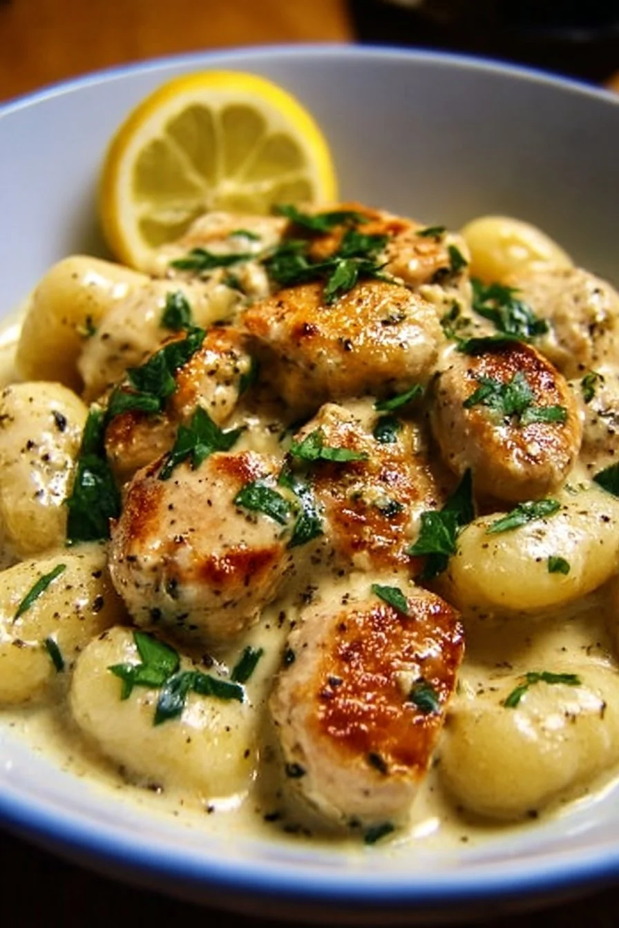 Lemon chicken gnocchi in a creamy sauce served in a bowl.