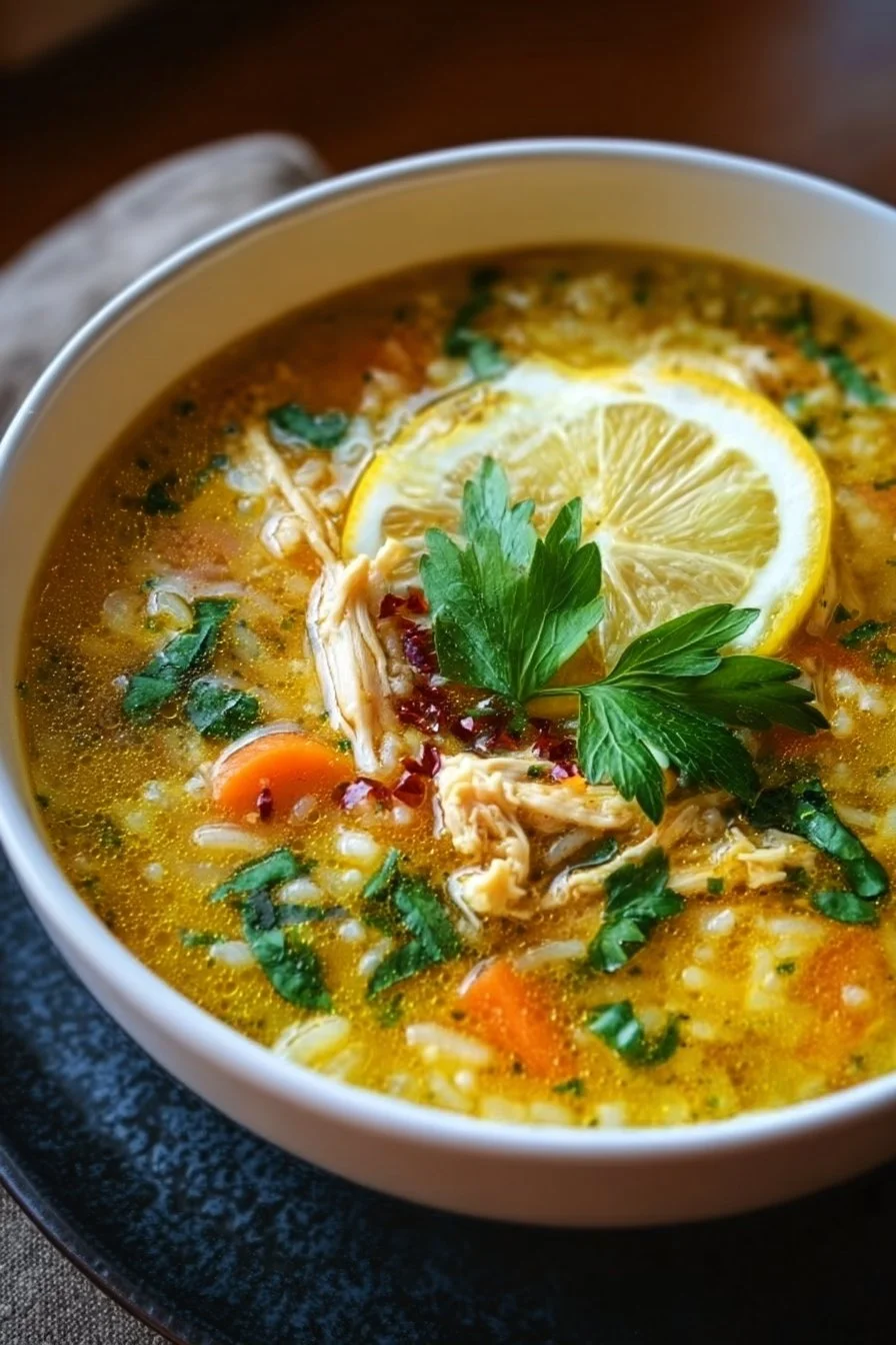 Lemon Ginger Turmeric Chicken and Rice Soup in a bowl with herbs