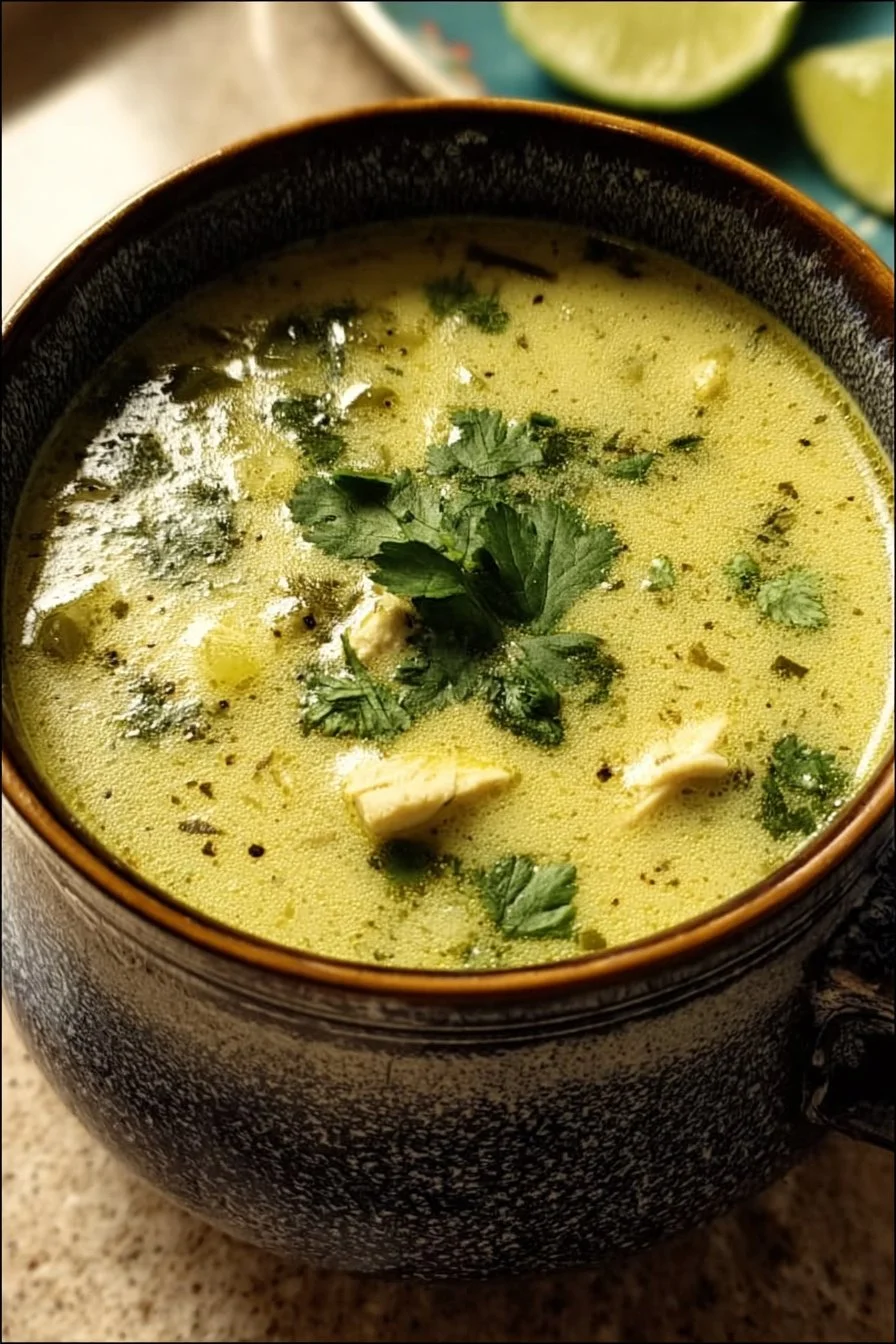 Delicious bowl of roasted poblano soup garnished with fresh herbs