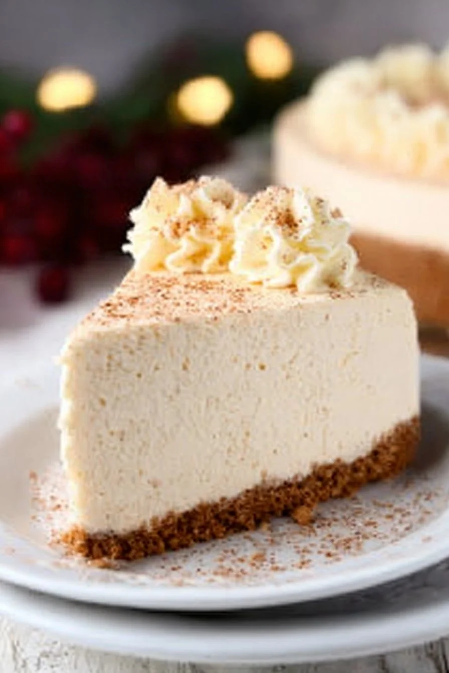 No-bake eggnog cheesecake with gingersnap crust served on a festive plate