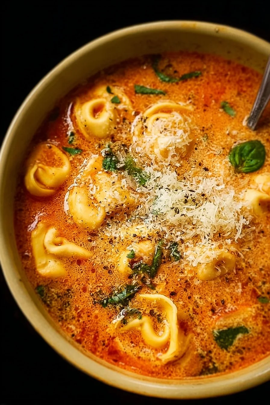 Bowl of Parmesan Tomato Tortellini Soup garnished with herbs
