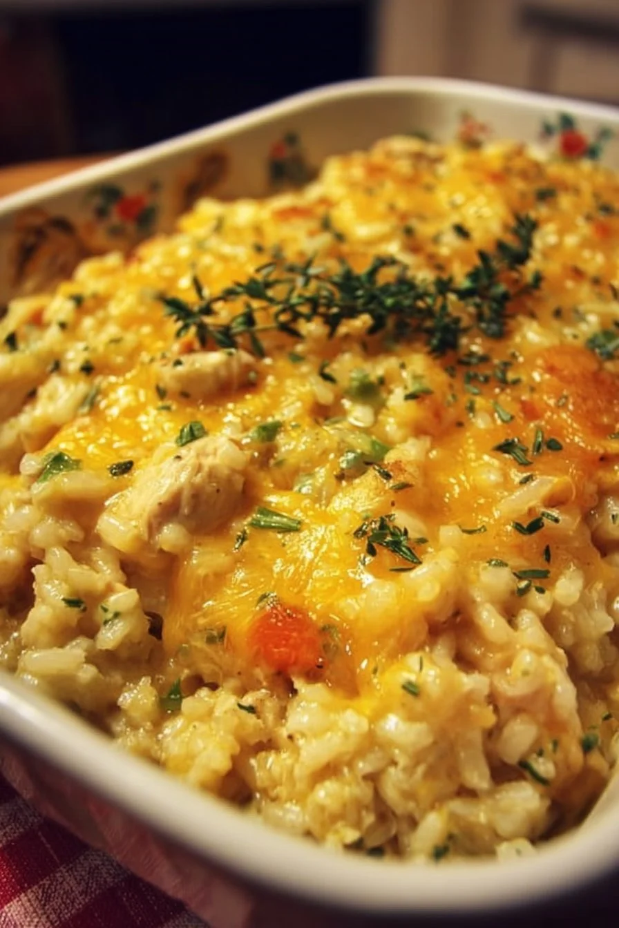 Pioneer Woman Chicken Rice Casserole served in a bowl with a spoon