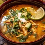 Bowl of Poblano Chicken Tortilla Soup garnished with tortilla strips and cilantro